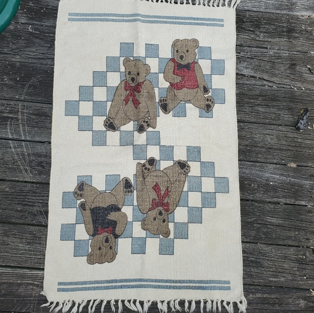 Teddy Bears On Check Woven Area Rug Or Wall Hanging W/ Fringe Ivory Blue Brown